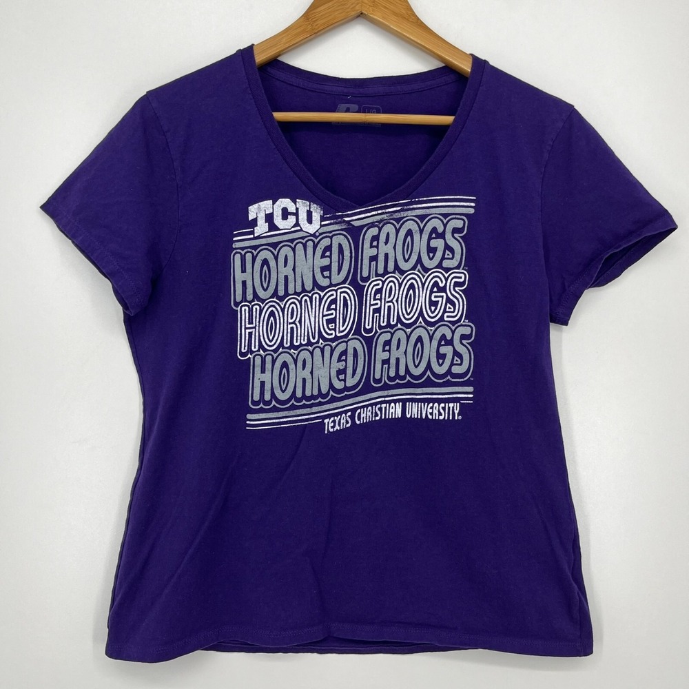 Russell TCU Horned Frogs Purple Graphic V-Neck T-Shirt Womens Large 12-14